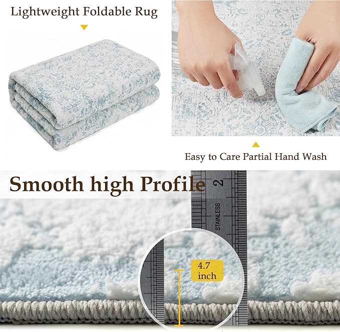 6x9 Fluffy Area Rug Blue Shag Neutral Carpet for Living Room Soft Medium Pile Floral Rug for Bedroom Dorm Office Dining Room Kitchen Nursery Modern Decor