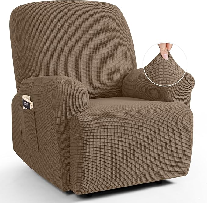TAOCOCO Recliner Cover 4-Pieces, Recliner Stretch Sofa Slipcover, Recliner Cover 1 Seat, Couch Protector Soft, Furniture Protector Covers with Elastic,Chair Covers Jacquard Pattern (Khaki)
