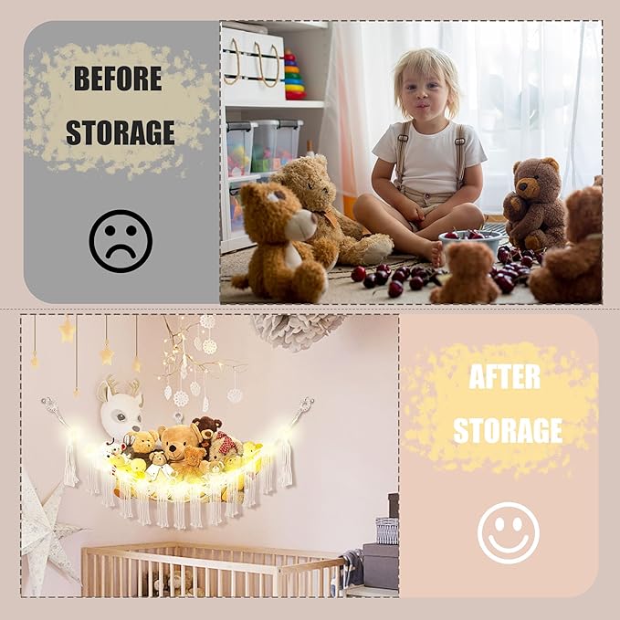 CERETIA Stuffed Animal Hammock with LED Light, Large Stuffed Animals Storage Corner Plushie Net for Kids Room Decor, 2 Packs White