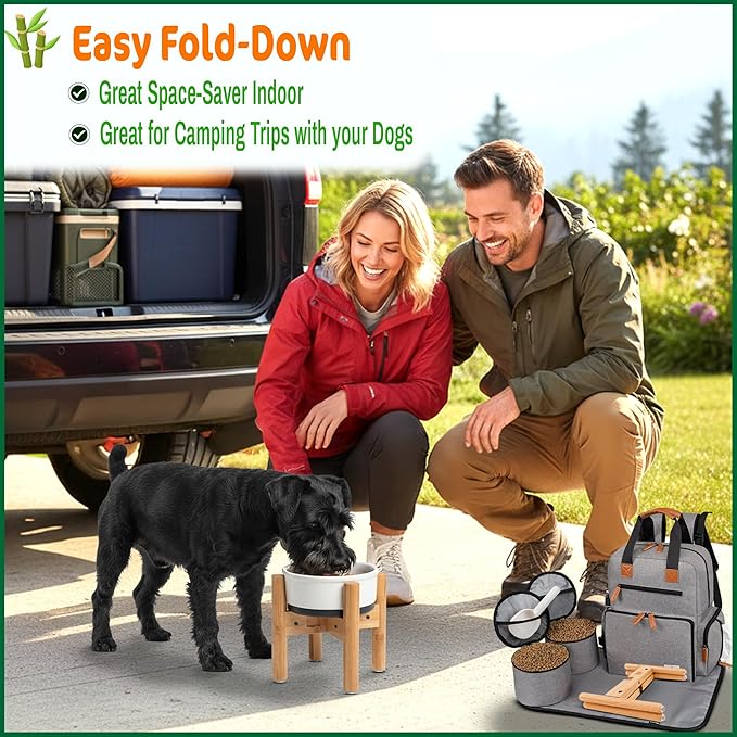 Dog Bowl Stand for Medium Breeds - Use to Raise, Elevate Dog Food/Water Feeders, Fountains and Bowls, Adaptable Size (See Size Guide) - Bamboo