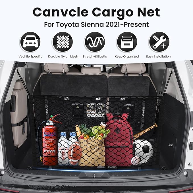 Trunk Cargo Net for Toyota Sienna 2021-2025 2026 Accessories Envelope Style Mesh Trunk Net Organizer and Storage Stretchable Adjustable Elastic Nylon Rear Cargo Netting with Hooks