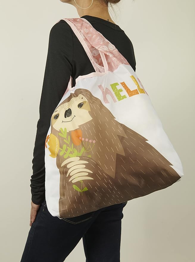 O-WITZ Reusable Grocery Bags | Vibrant Tote Bag For Groceries, Gym, Beach Gear, Toys & More | Washable Design With Large Handles For Maximum Convenience | Folds Into A Small Pouch, Sloth Hello