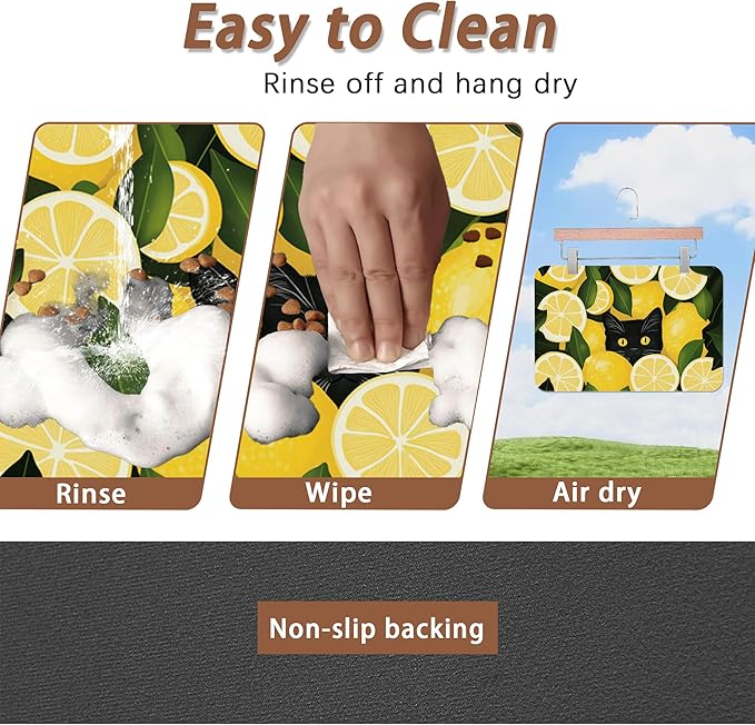 Black Cat Funny Dog Food Mat for Floors,Lemon Absorbent Pet Food and Water Bowl Mats,Non-Slip Pet Feeding Mat,Pet Supplies 12" x 20"