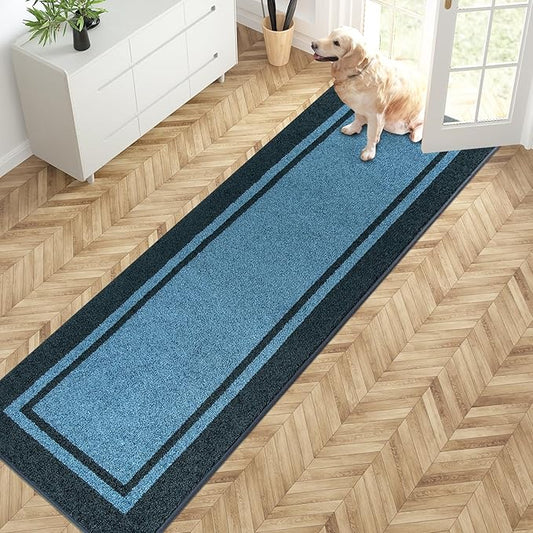 PURRUGS Dirt Trapping Door Mat 24" x 84", Non-Slip Machine Washable Entryway Rug, Entrance Mat, Indoor Front Door Mat, Super Absorbent Entry Rug for Muddy Shoes & Paws, Light Blue & Navy