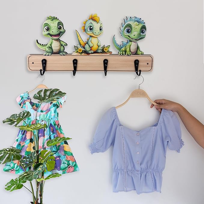 Midrean Dog Leash Holder for Wall Mount, Farmhouse Wooden Dog Claw Hooks, Paws Key Rack Accessories for Rustic Home Decor (Dinosaur)