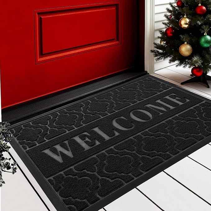 Yimobra Welcome Mat Outdoor Indoor, All-Weather Waterproof Front Door Mat Outside Entrance, Non-Slip Low Profile Porch Patio Doormat, 29.5x17, Black