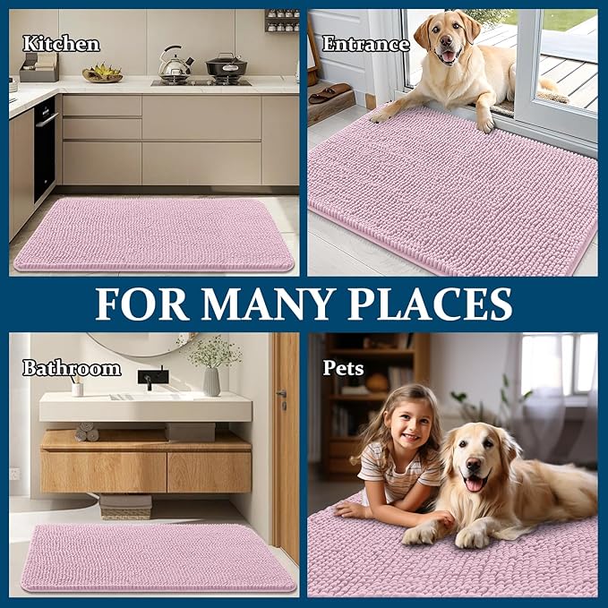 OLANLY Dog Door Mat for Muddy Paws 50x30, Absorbs Moisture and Dirt, Absorbent Non-Slip Washable Doormat, Quick Dry Chenille Mud Mat, Entry Indoor Entryway Carpet for Inside Floor, Dusty Rose