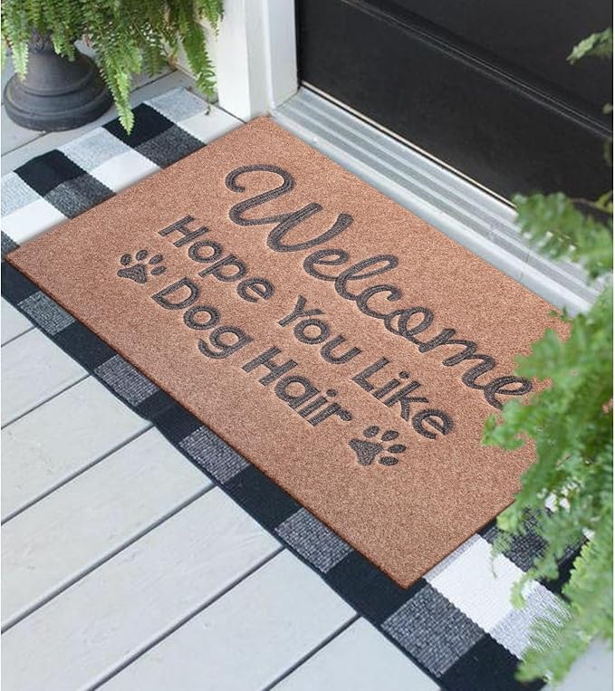 Welcome Mats for Front Door Hope You Like Dog Hair Doormat, Natural Rubber Non Slip Back Mat Indoor Funny Dog Mats for Home Decor Entryway Brown 36" x 24"