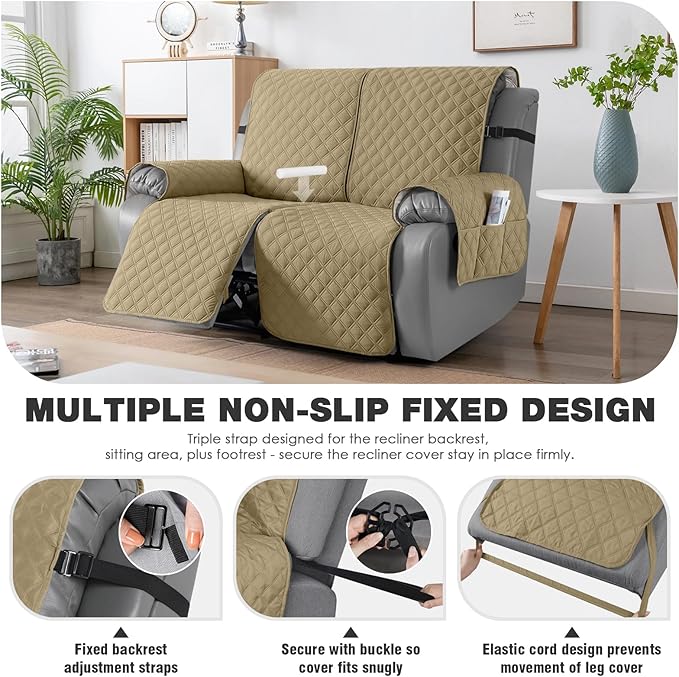 TAOCOCO 100% Waterproof Recliner Couch Covers, Recliner Sofa Covers with Leg Straps, 1-Piece Washable Reclining Sofa Cover with Pocket Couch Protector for Pets Kids(2 Seater, Camel)