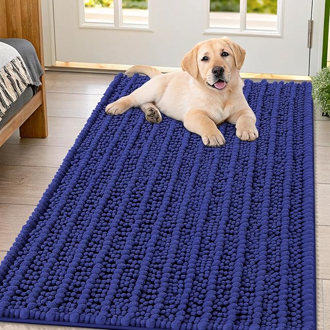 Smiry Dog Door Mat for Muddy Paws 47x32, Extra Soft Absorbent Chenille Doormat, Trap Moisture and Dirt, Non-Slip Machine Washable Front Door Mat for Indoor Entrance Inside Floor, Navy Blue
