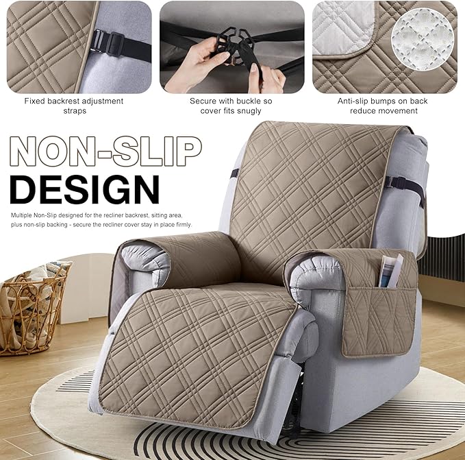 TAOCOCO Waterproof Recliner Chair Cover, Non Slip Oversized Recliner Covers for Recliner Chair with Pocket, Reclining Chair Cover Furniture Protector for Kids, Dogs(28'', Gray Taupe)