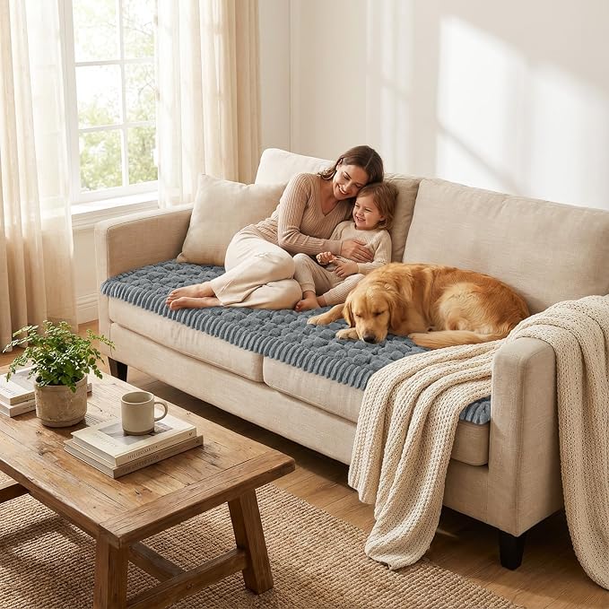 Smiry Pet Couch Cover for 3 Cushion Sofa, Non-Slip Fuzzy Couch Cover for Dogs Washable, Thick Soft Sofa Slipcovers Cushion Protector Pet Friendly (Grey, 27.6" x 27.6")