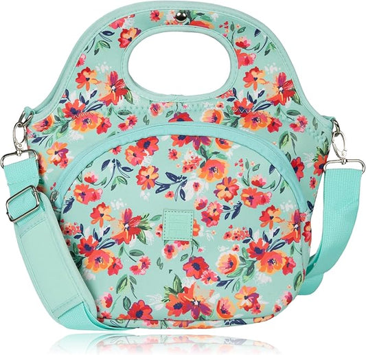 Made Easy Kit Large Insulated Lunch Tote Bag – Stylish Neoprene Carrier Foil Lining, Front Zipper Pocket & Shoulder Strap – Machine Washable, Lightweight, Travel Ready (Teal Floral)