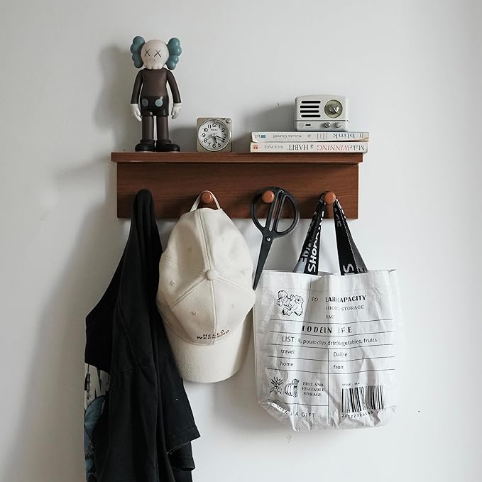 Entrance Coat Rack ，Coat Hooks, Wall-Mounted Wooden Hook Rack, Wall-Mounted Shelves are Very Suitable (Teak Colored Finish)