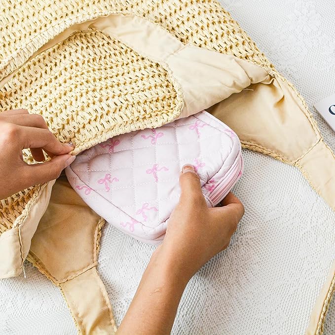 Small Floral Quilted Makeup Bag, Coquette Aesthetic Travel Toiletry Organizer for Women, Lightweight Cotton Cosmetic Pouch