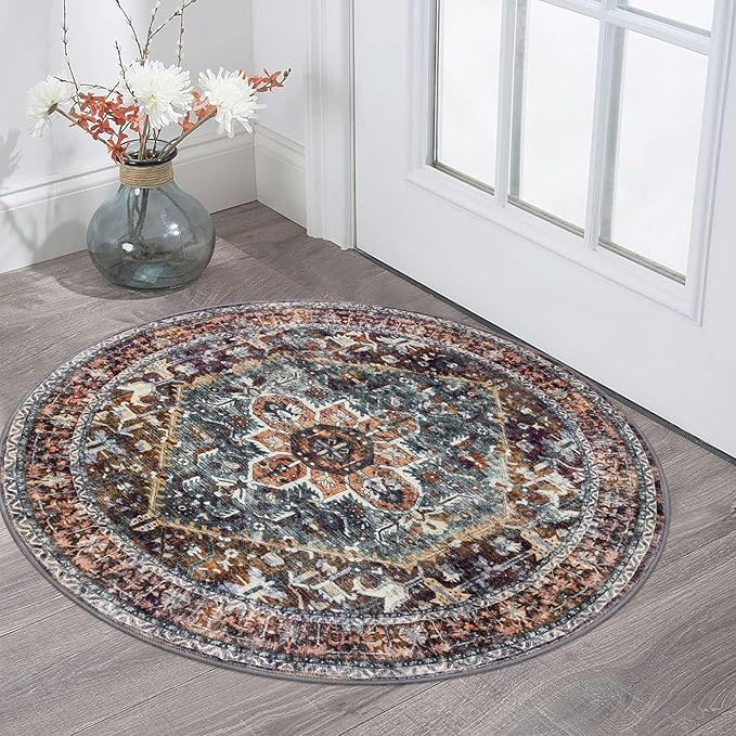 KOZYFLY Boho Round Rug 3 Ft Rugs for Entryway Washable Circle Rug Non Slip Doormat Printed Faux Wool Vintage Round Entryway Rug Floor Carpet Round for Entrance, Bedroom, Brick Red/Orange/Green