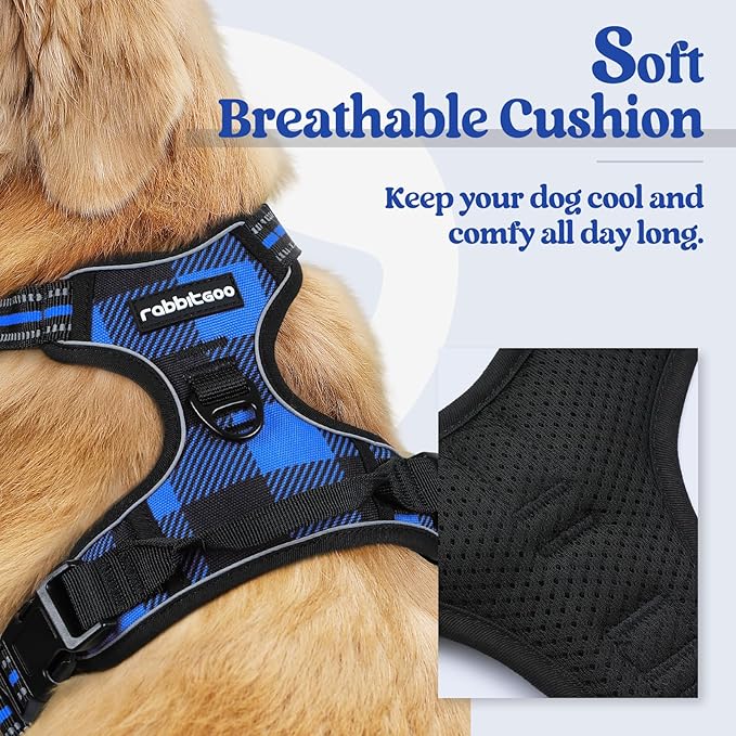 rabbitgoo Dog Harness No Pull with 2 Leash Clips, Adjustable Soft Padded, Reflective Oxford No Choke Pet Vest with Easy Control Handle for Large Dogs, Blue Plaid, XL