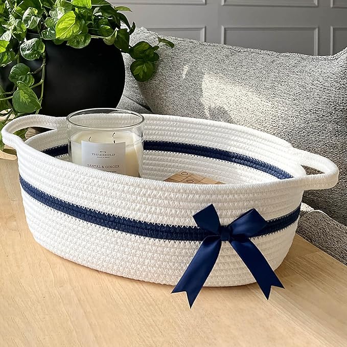 CHICVITA White Small Basket for Gifts, Baby Cute Basket for Nursery Toys, Diapers, Woven Baskets for Storage, Decorative Baskets for Shelves, 13 x 9.8 x 5 inches