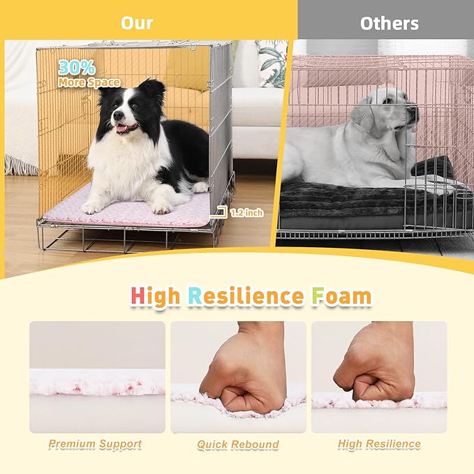 Dog Bed for Crate High Resilience Foam Crate Pad Mat for Medium Large Dogs Washable Anti-Slip,35" x 22", Pink