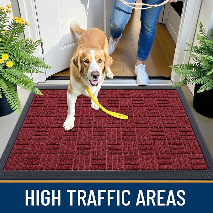 OLANLY Front Door Mat Outside Entrance 47x32, Absorbent, Heavy Duty Sturdy Natural Rubber Doormat Indoor Outdoor, Non-Slip, Stain and Fade Resistant, Low Profile Floor Mat for Entryway, Black Red