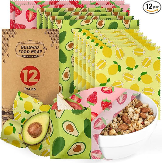 Akeeko Reusable Beeswax Food Wraps - Assorted 12 Pack, Reusable, Plastic-Free Food Storage, Sustainable Gifts, 3 Sizes (6S,4M,2L)