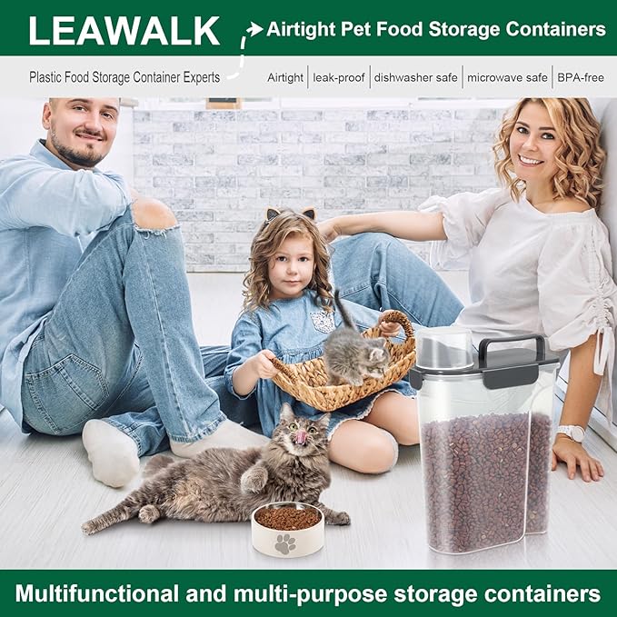 LEAWALK 5-7Lbs Cat Dog Storage Container, Portable Pet Food Containers with Upgraded Large Spout and Cup, Small Animal Kibble Dispenser for Bird Seed, Oatmeal, Rice, Flour (2, Dark Gray, 5L)