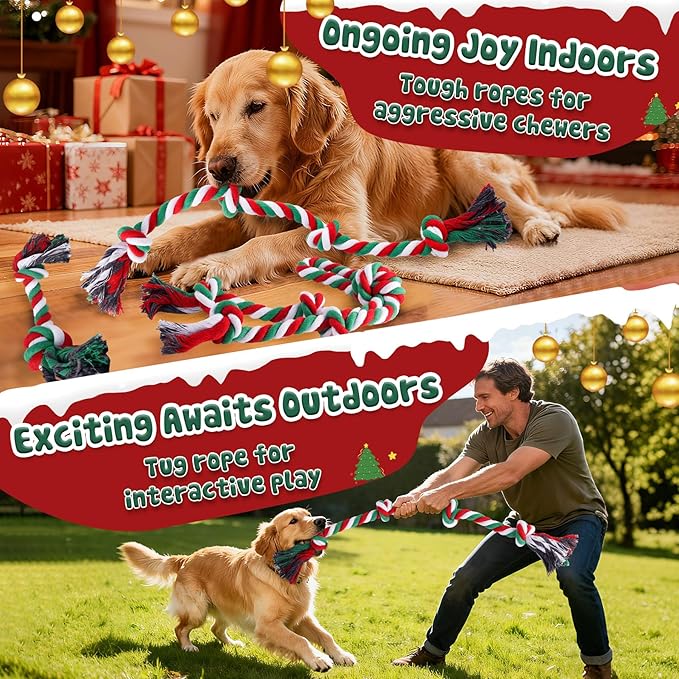 Christmas Heavy Duty Dog Toy for Aggressive Chewers – Tough Chew Toys for Large Dogs, Ideal for Tug-of-War & Teeth Cleaning, with 3 Rope Toys & 2 Dog Supplies