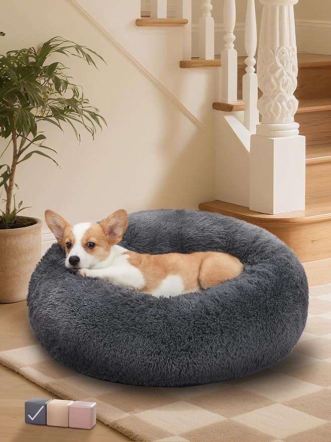 OhGeni Calming Donut Dog Bed Pillow for Medium Pets, Machine Washable Removable Cover, Comfort Plush Fluffy Faux Fur with Anti-Slip Bottom, Cats-Friendly Round Cuddly Design, Gray, 30 inches