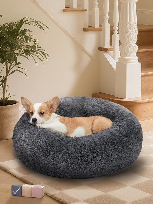 OhGeni Calming Donut Dog Bed Pillow for Medium Pets, Machine Washable Removable Cover, Comfort Plush Fluffy Faux Fur with Anti-Slip Bottom, Cats-Friendly Round Cuddly Design, Gray, 30 inches