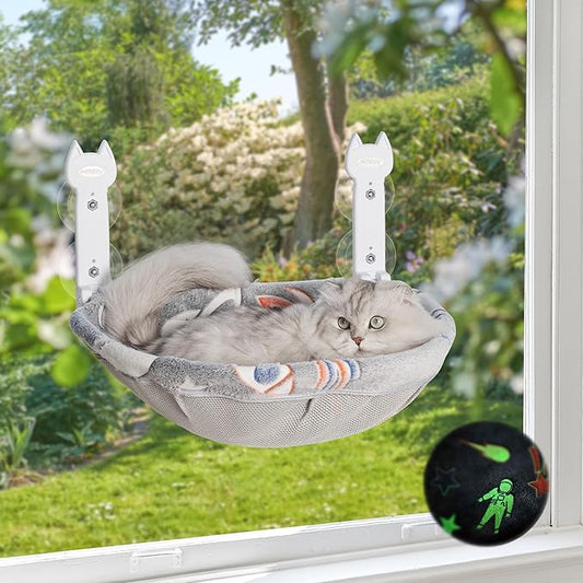 HiPetpy Cat Window Perch, Glow in The Dark Foldable Cat Hammock with Sunken Design & Removable Soft Cover, Breathable Cordless Window Bed for Resting Indoor Kitten (Grey Deep Perch, Medium)