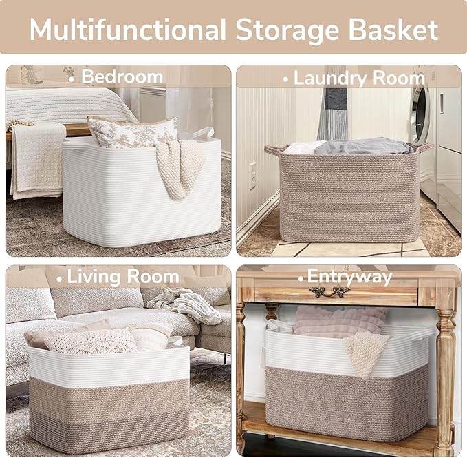 Goodpick 105L Woven Blanket Basket 25" x 16" x 16" Cotton Rope Storage Bins for Dirty Clothes, Extra Large Gift Basket for Living Room Home Decor, Toy Storage Baskets for Kids, Gradient Brown