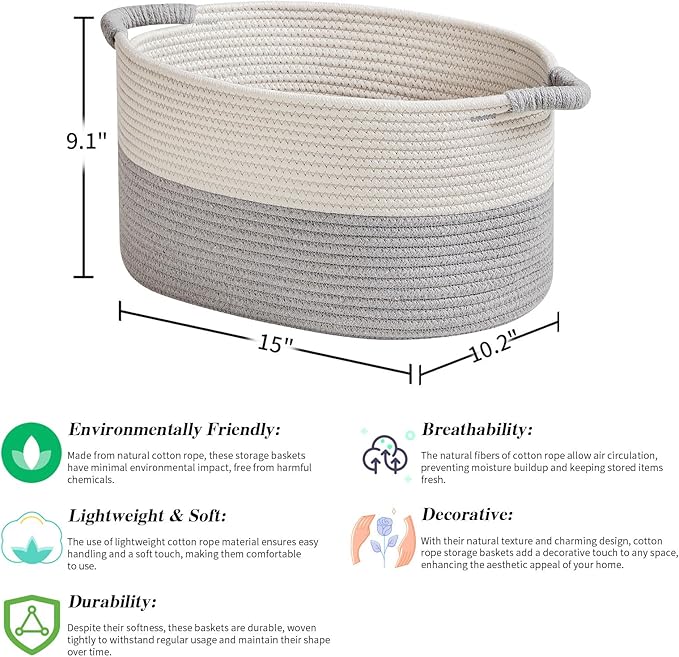 Storage Baskets for Organizing | 15"x10.2"x9.1" - 1 Pack Nursery Bin with Handles - Woven Cotton Rope Baskets for Dog Toys, Books, Shelf, Bathroom,Closet -Stylish Storage |White & Grey