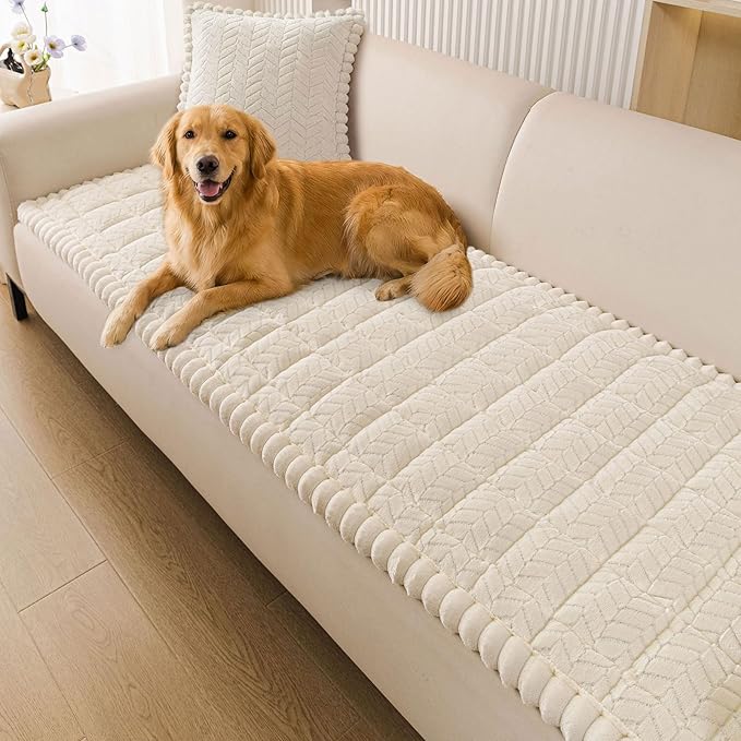 Smiry Non Slip Couch Covers for Dogs, Fuzzy Pet Couch Covers for 3 Cushion Sofa Pet Friendly, Soft Sofa Slipcovers Cushion Furniture Protector Washable (Beige, 35.4" x 82.7")