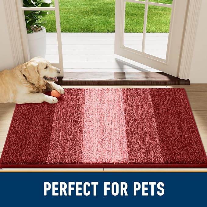 Smiry Dog Door Mat for Muddy Paws, Absorbs Moisture and Dirt, Low-Profile Entryway Mat with Non-Slip Backing, Entry Indoor Outdoor Doormat for Inside Floor (30x20 Inches, Burgundy, Striped)
