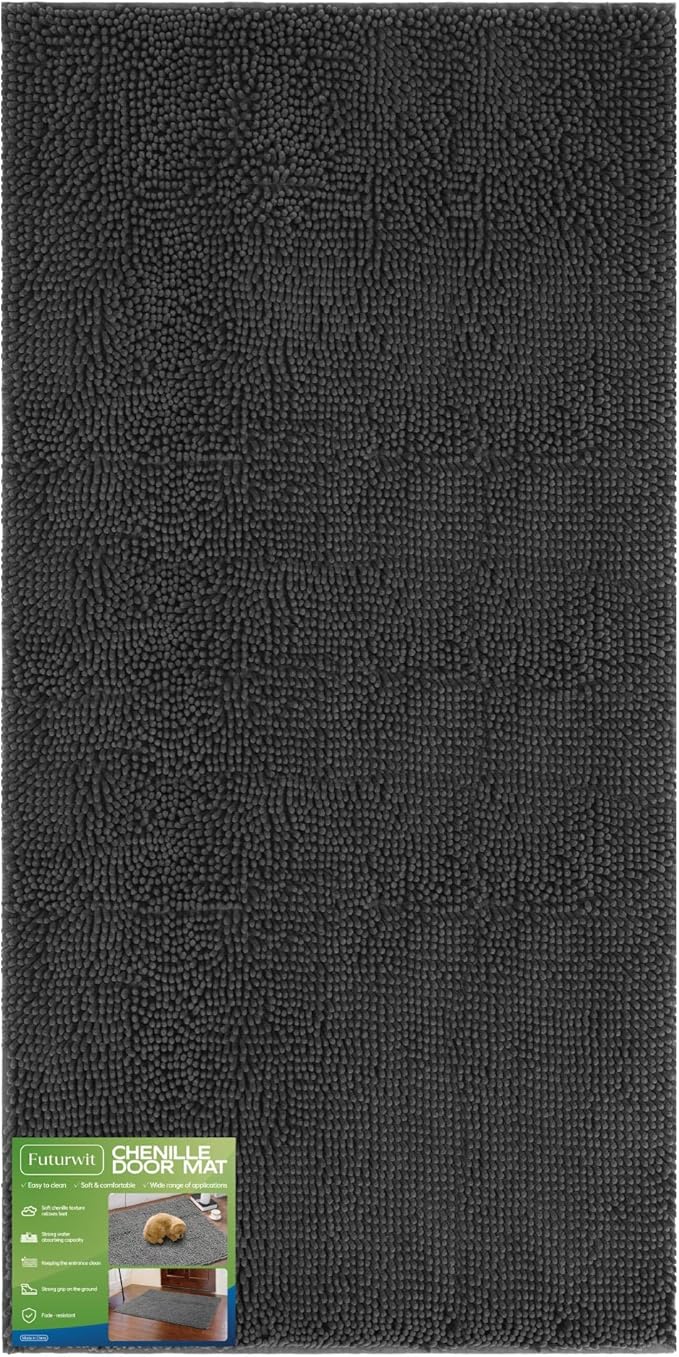 Futurwit Dog Door Mat for Muddy Paws, 72" x 36" Chenille Absorbent Front Door Mat Inside, Large Runner Mud Mat for Dogs, Trap Dirt Washable Non Slip Outdoor Indoor Entrance Doormats, Grey