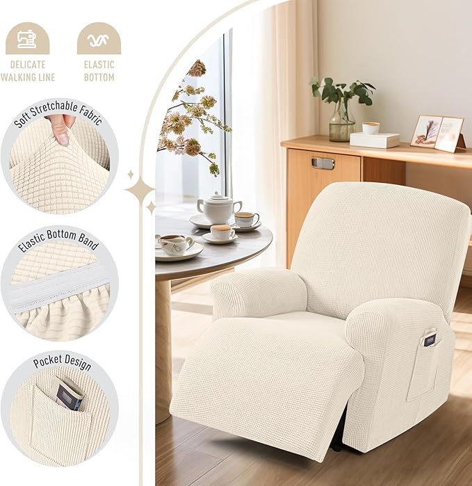 TAOCOCO Recliner Cover 4-Pieces, Recliner Stretch Sofa Slipcover, Recliner Cover 1 Seat, Couch Protector Soft, Furniture Protector Covers with Elastic,Chair Covers Jacquard Pattern (Beige)