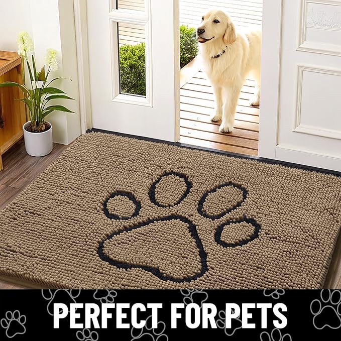 Smiry Dog Door Mat for Muddy Paws, Absorbent Dirt Trapper Non Slip Quick Dry Washable Chenille Mat for Mud Dogs, Entry Rug for Indoor and Outdoor (70x32 Inches, Camel and Black)