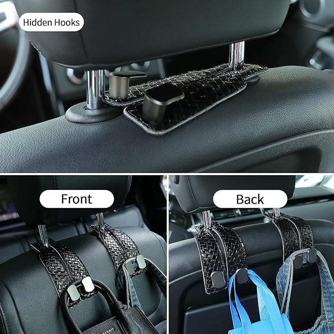 KINIVA 4 Pack Car Seat Hooks for Headrest, PU Leather Purse Hook Holder - Double Hook Design for Bags, Phones, Groceries, Car Back Seat Storage Accessories (07-Black 4 Pcs)