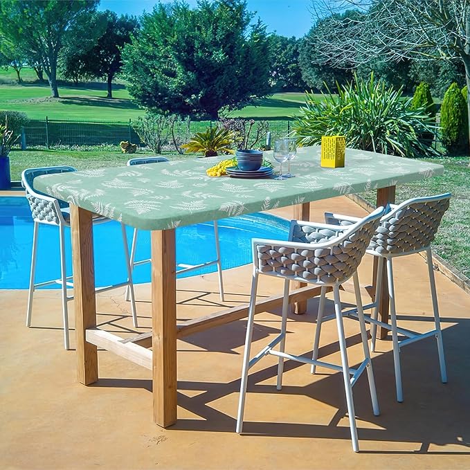misaya Rectangle Vinyl Tablecloth, Fitted Table Cover, 100% Waterproof, Elastic Edge, Plastic Table Cloth Fit 5 Foot Folding Tables for Picnic, Camping, Outdoor (Light Green Leaves, 30x60 inch)