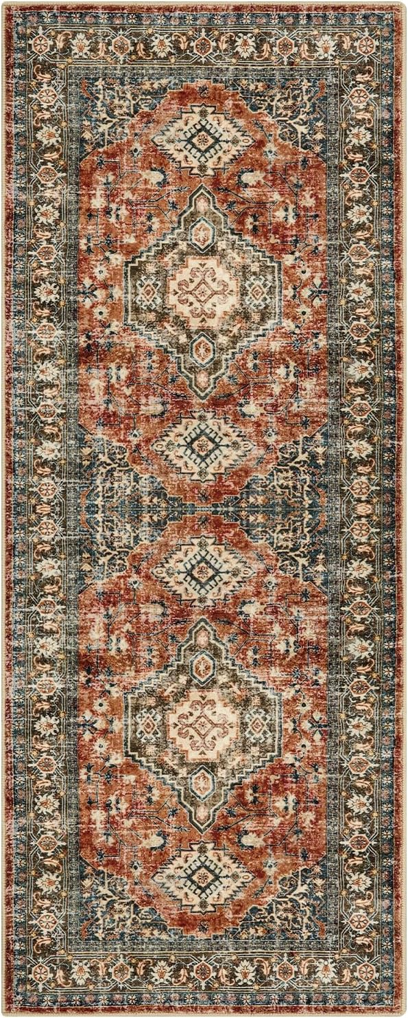 Lahome Oriental Kitchen Runner Rug Non Slip, 2x5 Washable Hallway Runner with Rubber Backing, Vintage Hallway Rug Ultra-Thin Soft Carpet for Bedroom Bathroom Eleanor, Brick Red