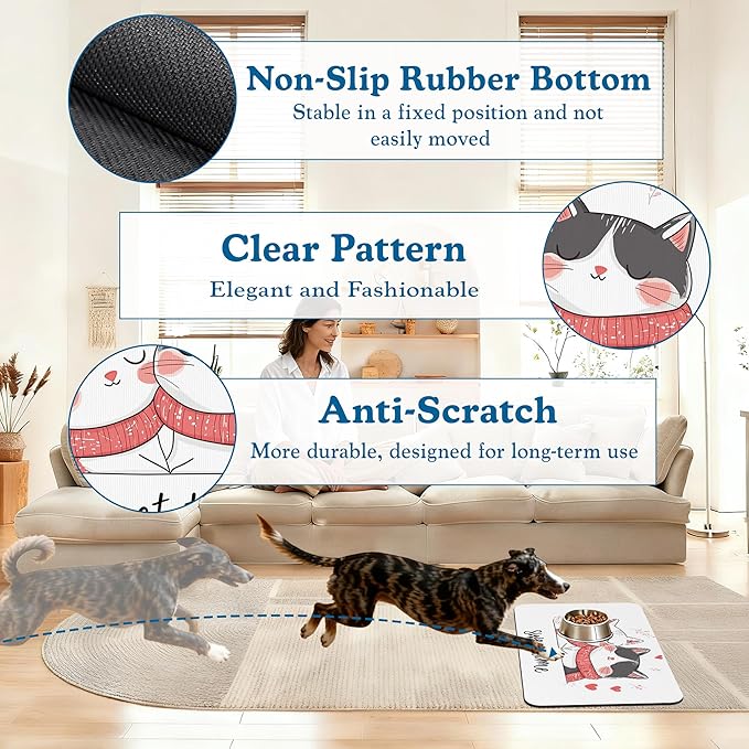 Sweet Cat Lovers Dog Cat Food Mat–Christmas Stocking Absorbent Waterproof Placemat for Food and Water Bowls, Non Slip Rubber Backing, Feeding Mat for Clean Floors 16"x24"