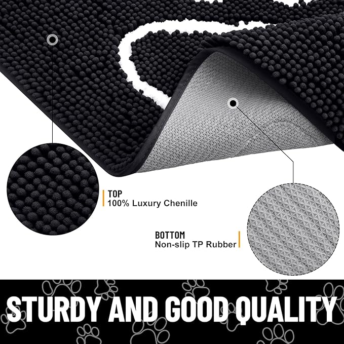 Smiry Dog Door Mat for Muddy Paws, Absorbent Dirt Trapper Non Slip Quick Dry Washable Chenille Mat for Mud Dogs, Entry Rug for Indoor and Outdoor (45x27 Inches, Black and White)