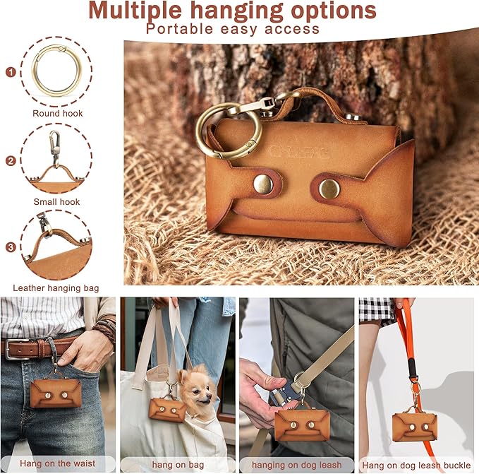 Handmade Leather Dog Poop Bag Dispenser - Stylish and Durable with Belt Attachment for Dog Walkers, Featuring a Brass Metal Clip in Hand-dyed Brown