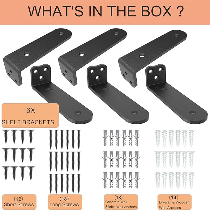 Eurydice Heavy Duty Floating Shelf Brackets, 1/4 inch Thick L Brackets, (8 In 6 Pack Black), Holds 200 lb, Rounded Arc Edge, One-Piece, 3 Hole Mounting For Wood Shelves in Kitchen, Garage, Office, DIY