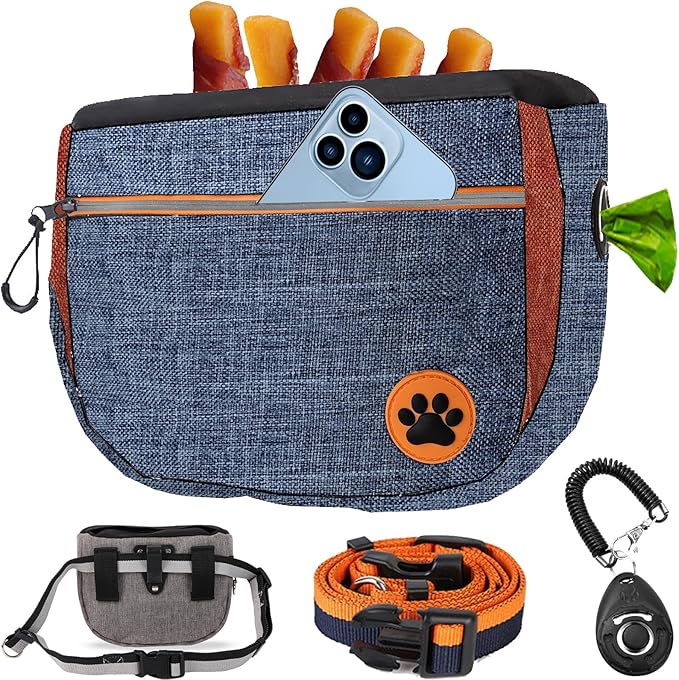 Large 6 Cup Dog Treat Pouch with Clicker,Treat Pouches for Pet Training,Crossover Self-Closing Bag,Built-in Poop Bag Dispenser, 46“ Free Hand Waist Belt for Walks/Oxford Fabric/double pocket(Blue)