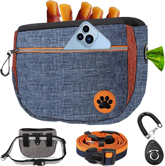 Large 6 Cup Dog Treat Pouch with Clicker,Treat Pouches for Pet Training,Crossover Self-Closing Bag,Built-in Poop Bag Dispenser, 46“ Free Hand Waist Belt for Walks/Oxford Fabric/double pocket(Blue)