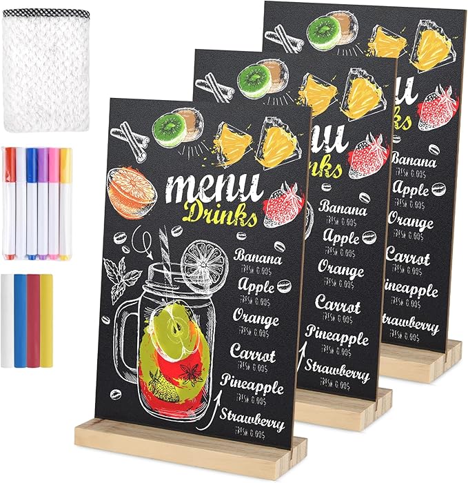 3 Packs Small Chalkboard Sign 5.1x7.9 Inch With Wood Base - Double-Sided Message Boards Menu Stand for Kitchen, Wedding, Bar and Restaurant