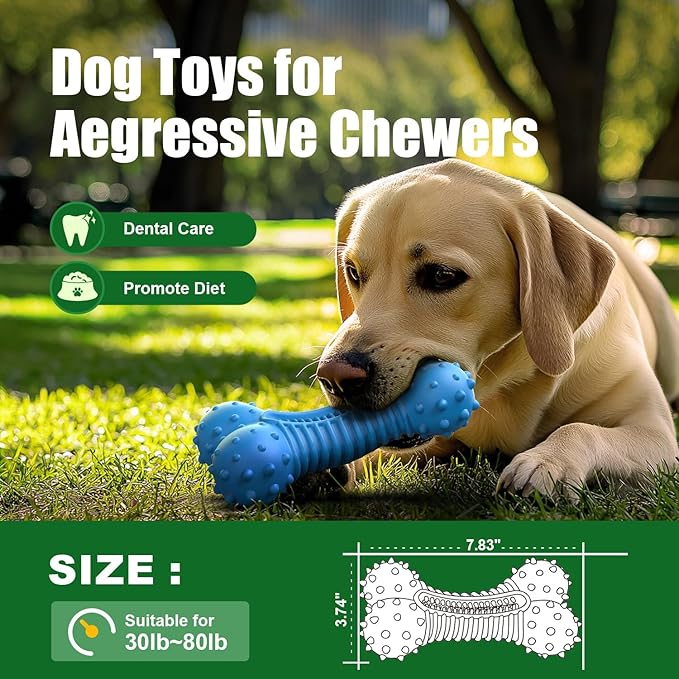 Ouilter Dog Toys for Aggressive Chewers, Chew Toys for Medium Large Dogs, Durable Natural Rubber Toys with Bacon Flavor, Indestructible Dog Toy,Blue