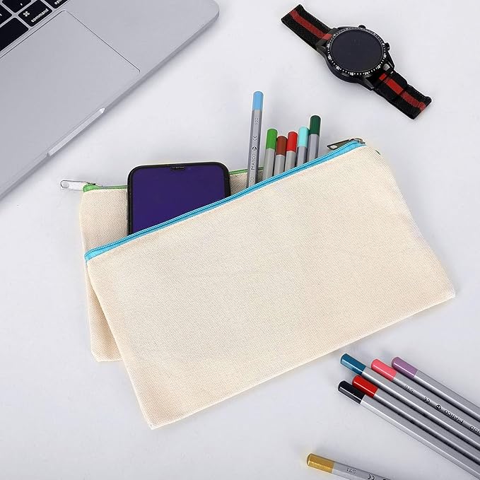 12 Pieces Cotton Canvas Makeup Bag, Multipurpose Cosmetic Bag with Zipper Travel Toiletry Pouch, Blank DIY Craft Bag (Beige, XL)
