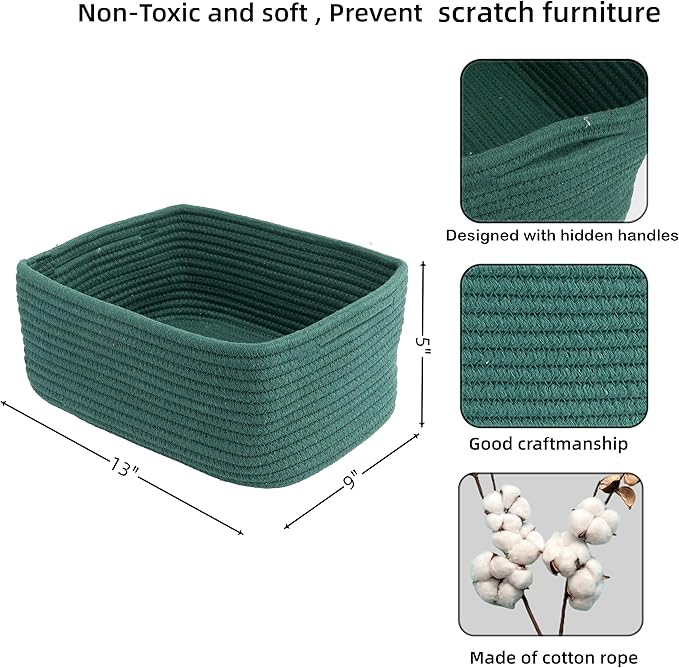 XUANGUO Small Woven Storage Baskets 13“X9”X5“ Decorative Rope Bins for Organizing Shelves, Closets, and Toys, Empty Gift Baskets, Cute Organizer Basket for Home and Office (dark green, Large)